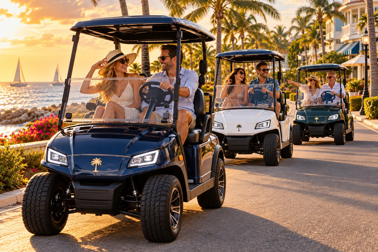 Three golf carts of friends and couples cruising a palm-lined waterfront road together at sunset, one rider pointing out something ahead.