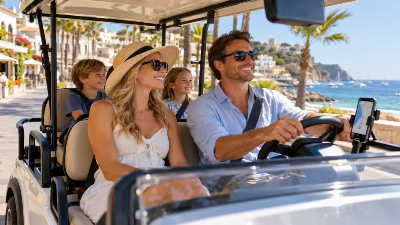 A family cruising a seaside promenade in their golf cart, fading into an older couple cruising a harbor road at golden hour, both with Cartin' on a mounted phone.