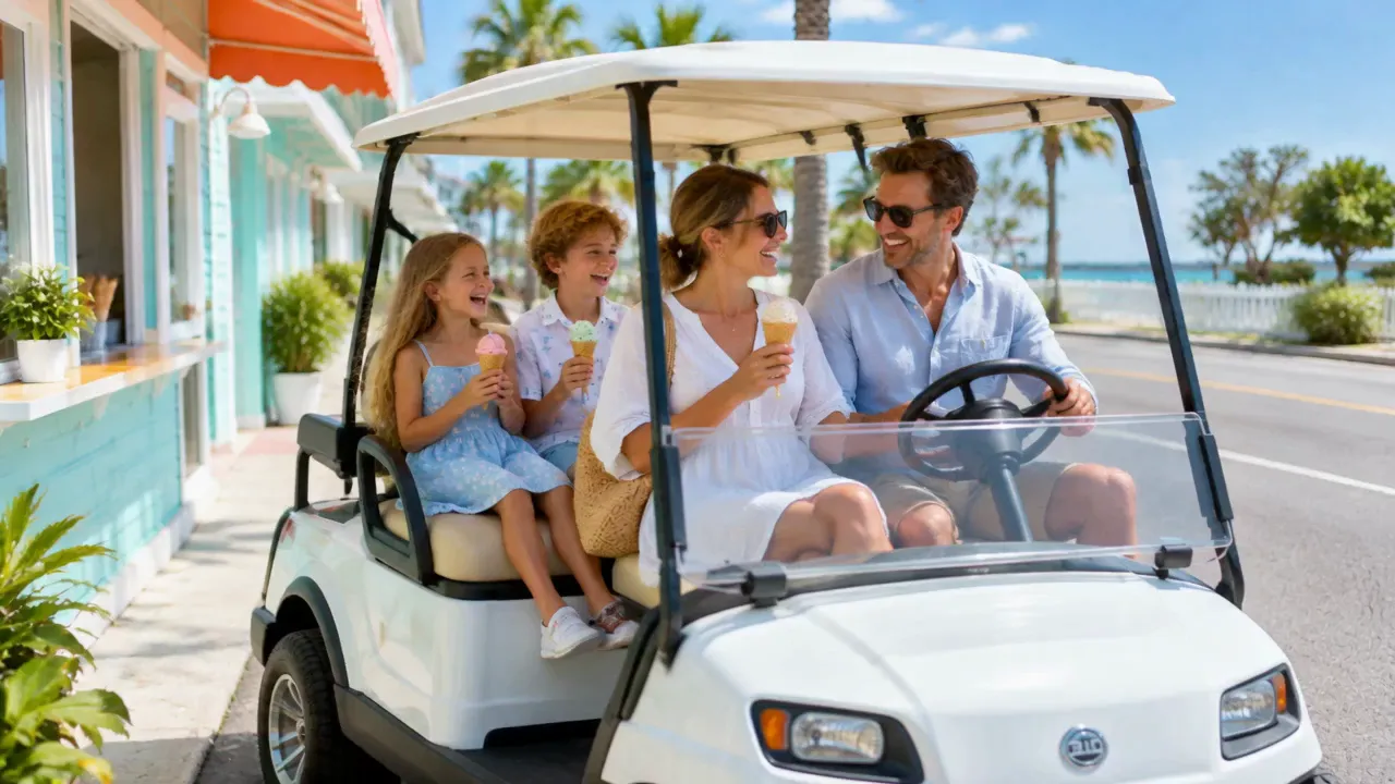 A family laughing over ice cream cones in their golf cart, parked outside a pastel ice cream shop, with Dad in the driver's seat.