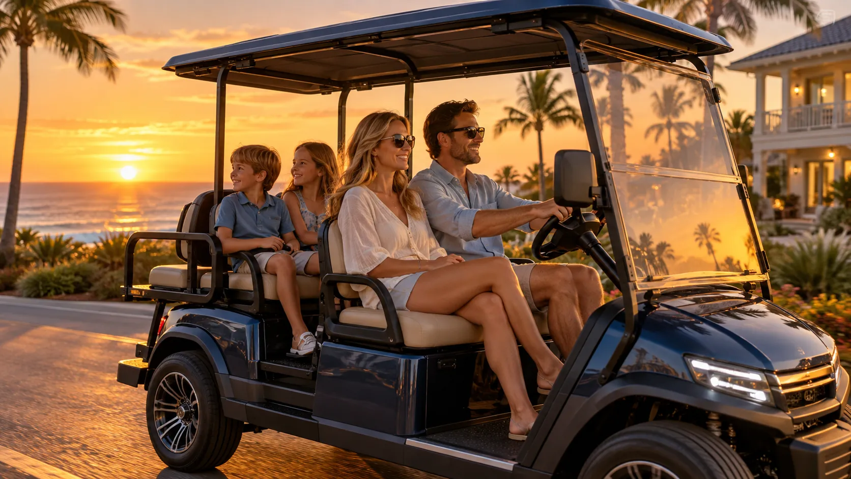 A family riding their golf cart along the coast at sunset, Dad driving and the kids seated in the back.